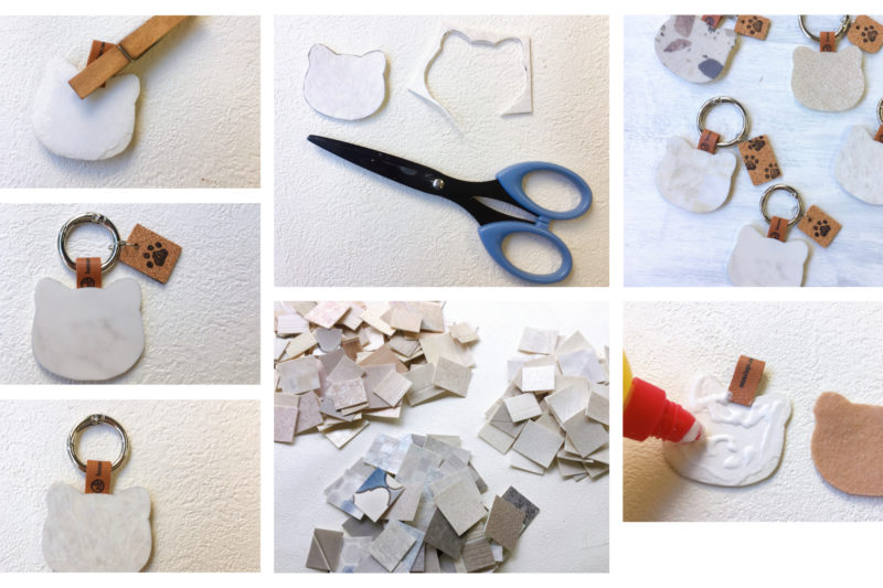 廃版クッションフロアで作った猫型キーホルダーの完成写真